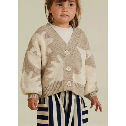 Beige und cremefarbene Strick-Cardigan mit Blattmuster, drei Knöpfen, Abstract Neutral Moon Star