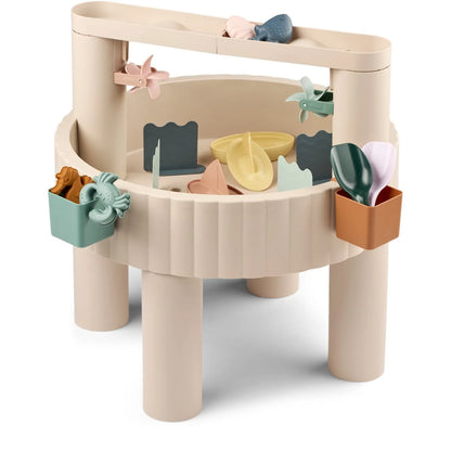Beige plastik sandtisch activity table sepp mit buntem spielzeug und praktischem stauraum für kinder