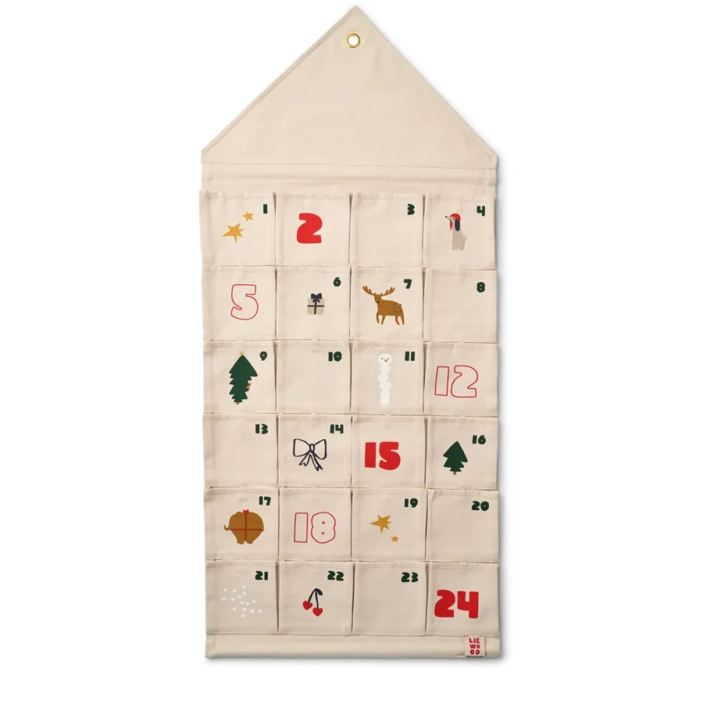Creamfarbener Stoff-Adventskalender mit nummerierten Taschen und festlichen Illustrationen