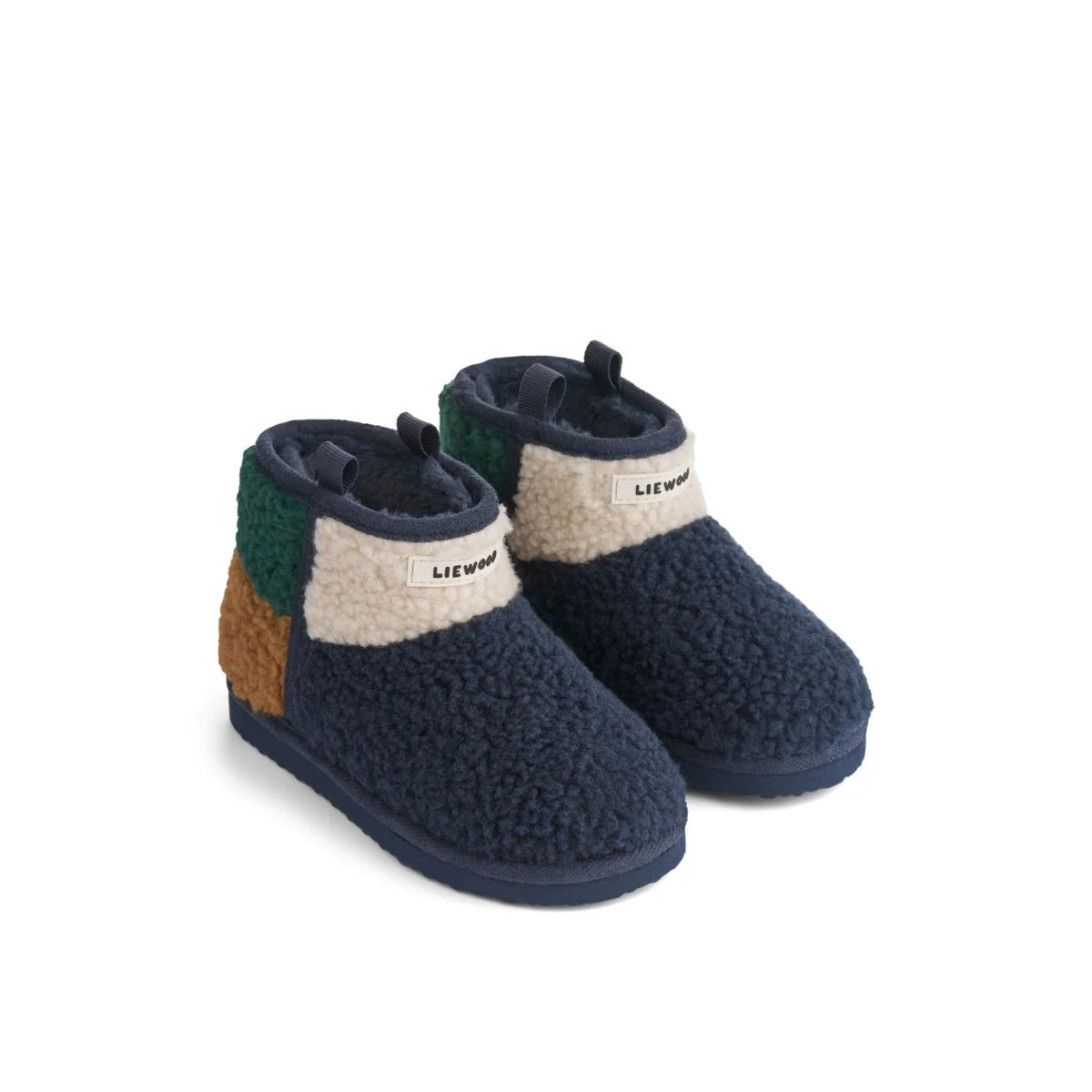 Navyblaue, creme- und grüne patchwork shearling slip-on albi pile boots mit weichem, kuscheligem texture
