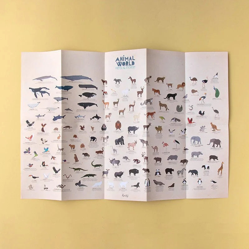 Gefaltetes cremefarbenes Animal World Poster mit farbigen Tierillustrationen und Stickern