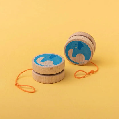 Holz-Yo-Yos mit blauen Elefantenmotiven und orangefarbenen Schnüren im Animals YO-YO