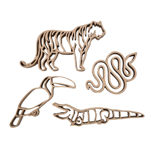 Lasergeschnittene Holztiere aus dem Ausstecher Dschungel, ideal für nachhaltige Kinderprodukte Schweiz