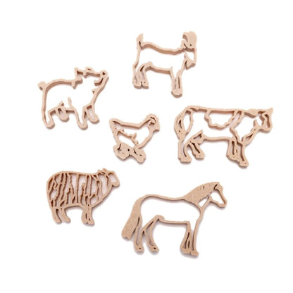 Ausstecher Farm Tiere Sammlung von sechs hellbraunen lasergravierten Holz-Farmtier-Umrissen