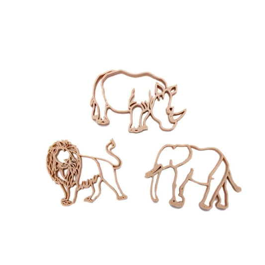 Holz-Ausstecher Safari mit Rhino, Löwe und Elefant für nachhaltige Kinderprodukte Schweiz