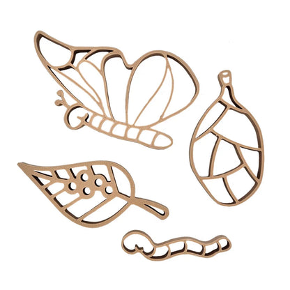 Lasergefräste Holzvorlagen für Schmetterling, Blätter und Raupe im Ausstecher Schmetterlingszyklus