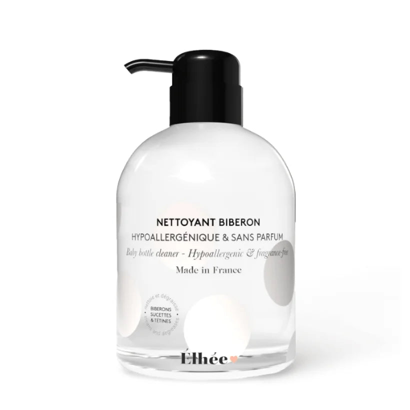 Weiße plastikflasche mit schwarzem pumpspender nettoyant biberon baby bottle cleaner von élhée