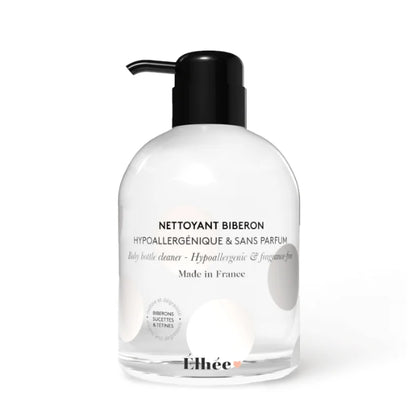 Weiße plastikflasche mit schwarzem pumpspender nettoyant biberon baby bottle cleaner von élhée