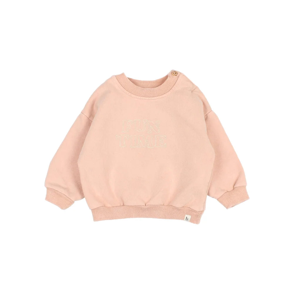 Baby Fun Sweatshirt in peach color with long sleeves, available in Salte Green or Nude