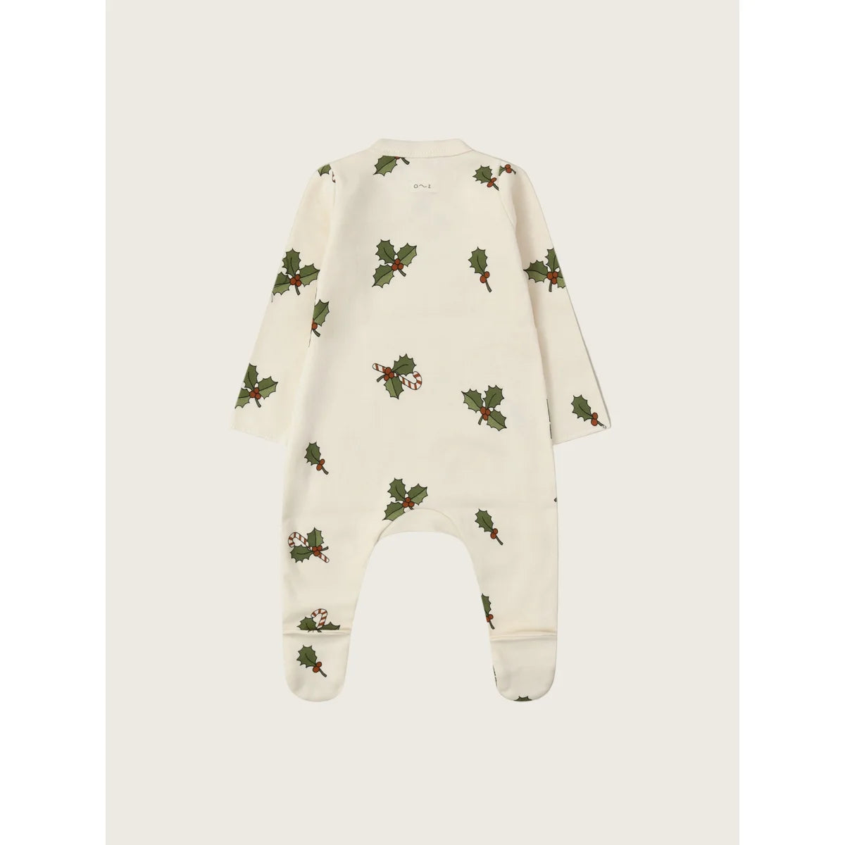 Weihnachtliches Babyschlafanzug mit Steppfuß, cremefarben mit Stechpalmenblättern, roten Beeren und Süßigkeitenstangen