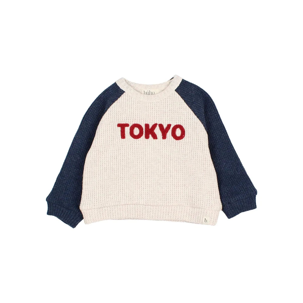 Cream und marinefarbenes Tokyo Sweatshirt aus Baby-Waffelstrickstoff