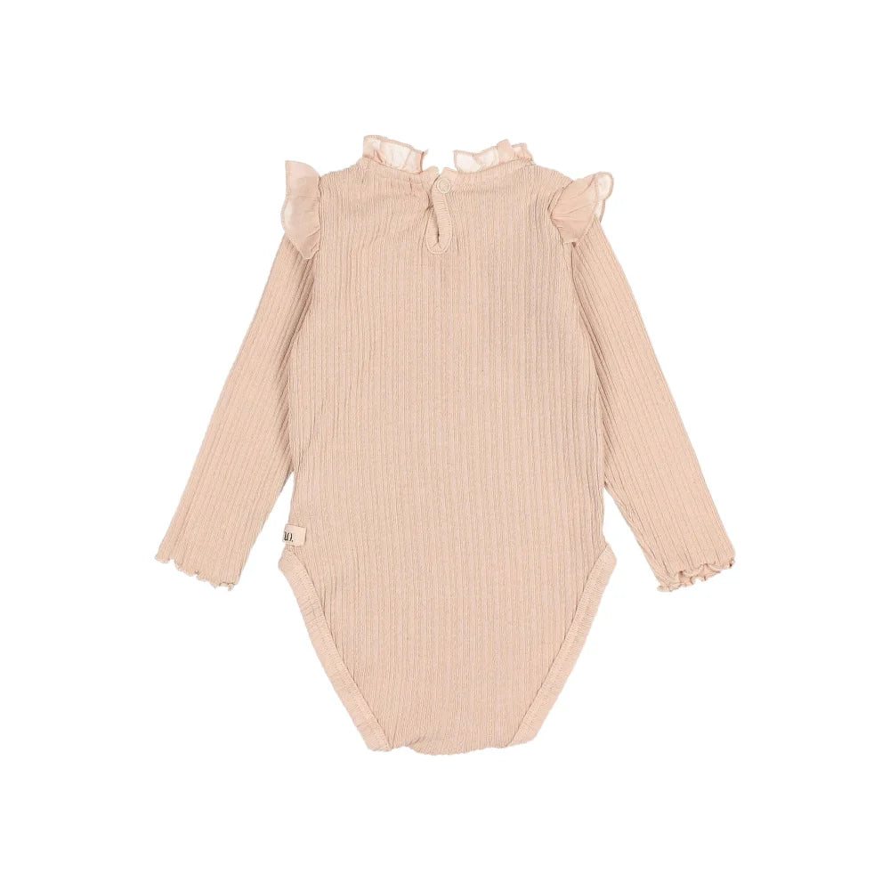 Beige gestreifter Baby-Body mit Rüschenkragen und -ärmeln, Baby Warm Rib Bodysuit