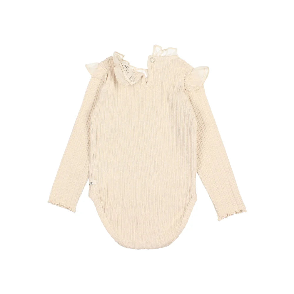 Helles cremefarbenes, gestreiftes Baby-Body mit Rüschensaum aus der Baby Warm Rib Bodysuit Kollektion