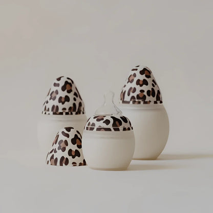 Babyflasche Graouu weiß mit Leopardendeckel und klarem Silikonnuckel