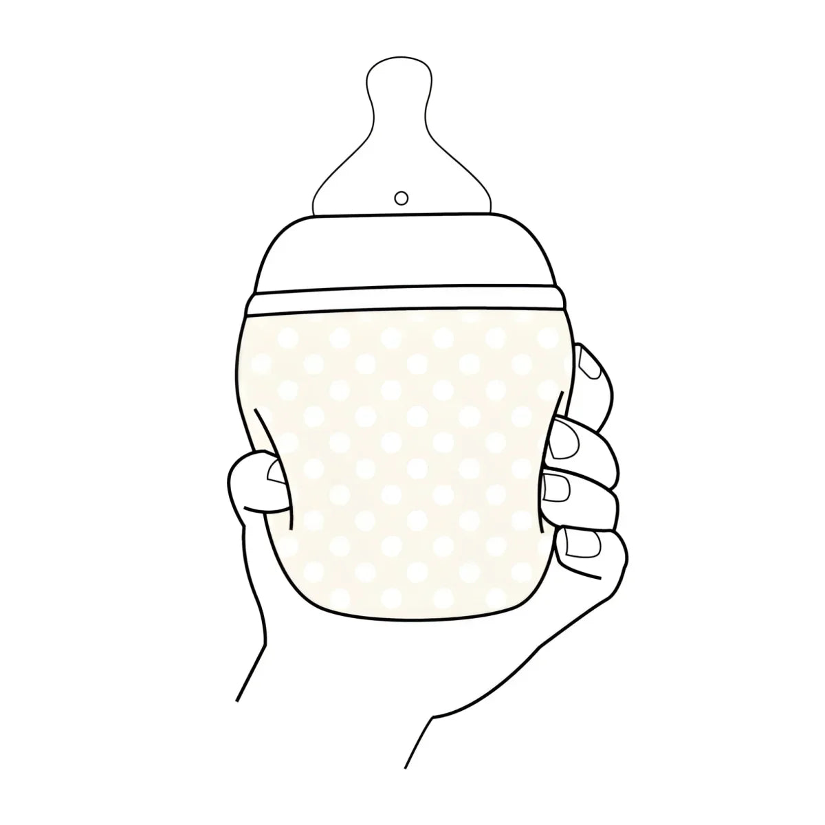 Hand hält Babyflasche Graouu 150 ml oder 240 ml mit Punkten und klassischem Sauger