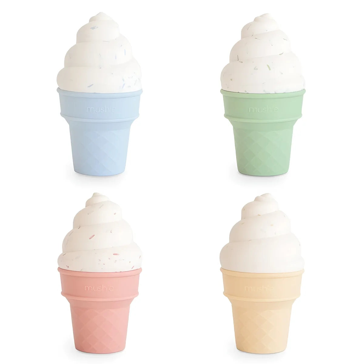 Pastellfarbene silikon eistütenförmige behälter in hellblau, mintgrün, rosé und hellgelb badespielzeug match ice cream toy