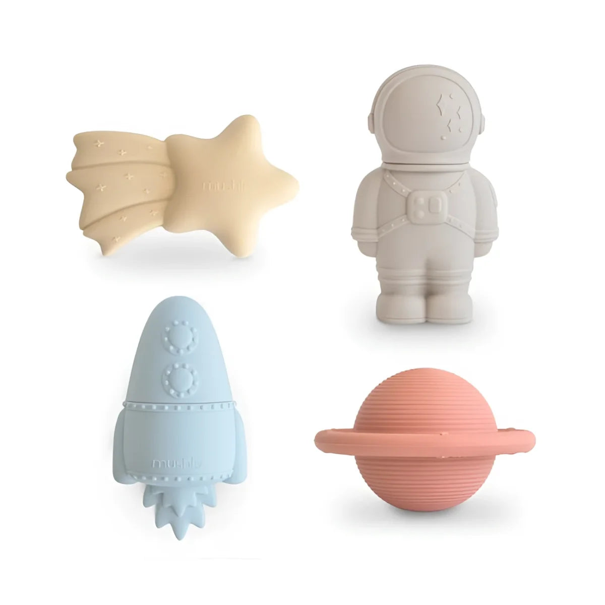 Set aus vier pastellfarbenen silikon bem spielzeug space mit stern, astronaut, rakete und planet schimmelresistent