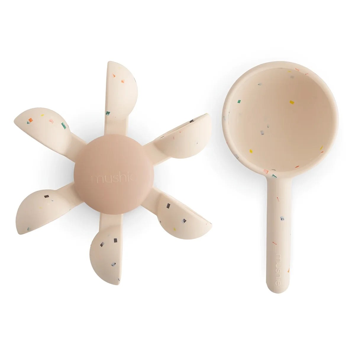 Beige gesprenkeltes silikon löffelset mit sternförmigem halter und einzelnem schöpflöffel für badespielzeug wasserrad
