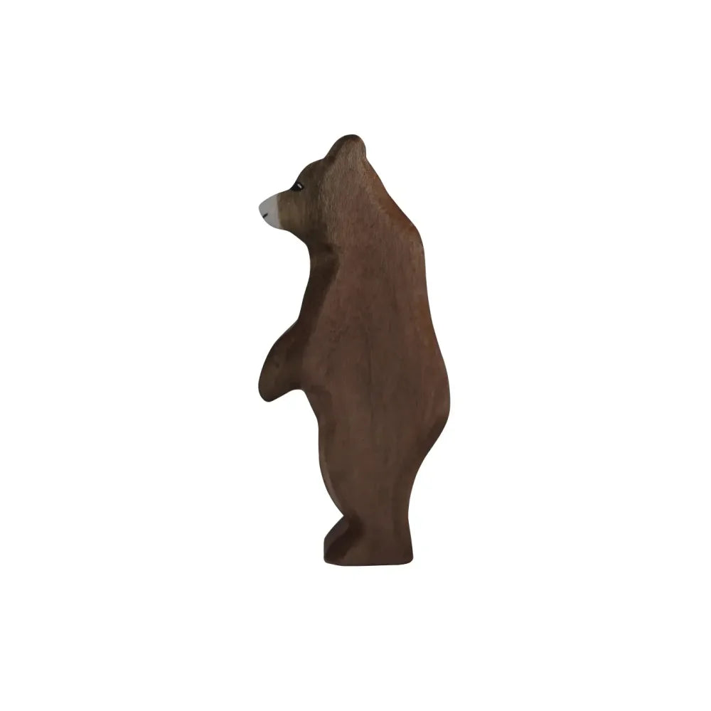 Braune hölzerne Bärenfigur stehend auf den Hinterpfoten, dekoratives Kunsthandwerk