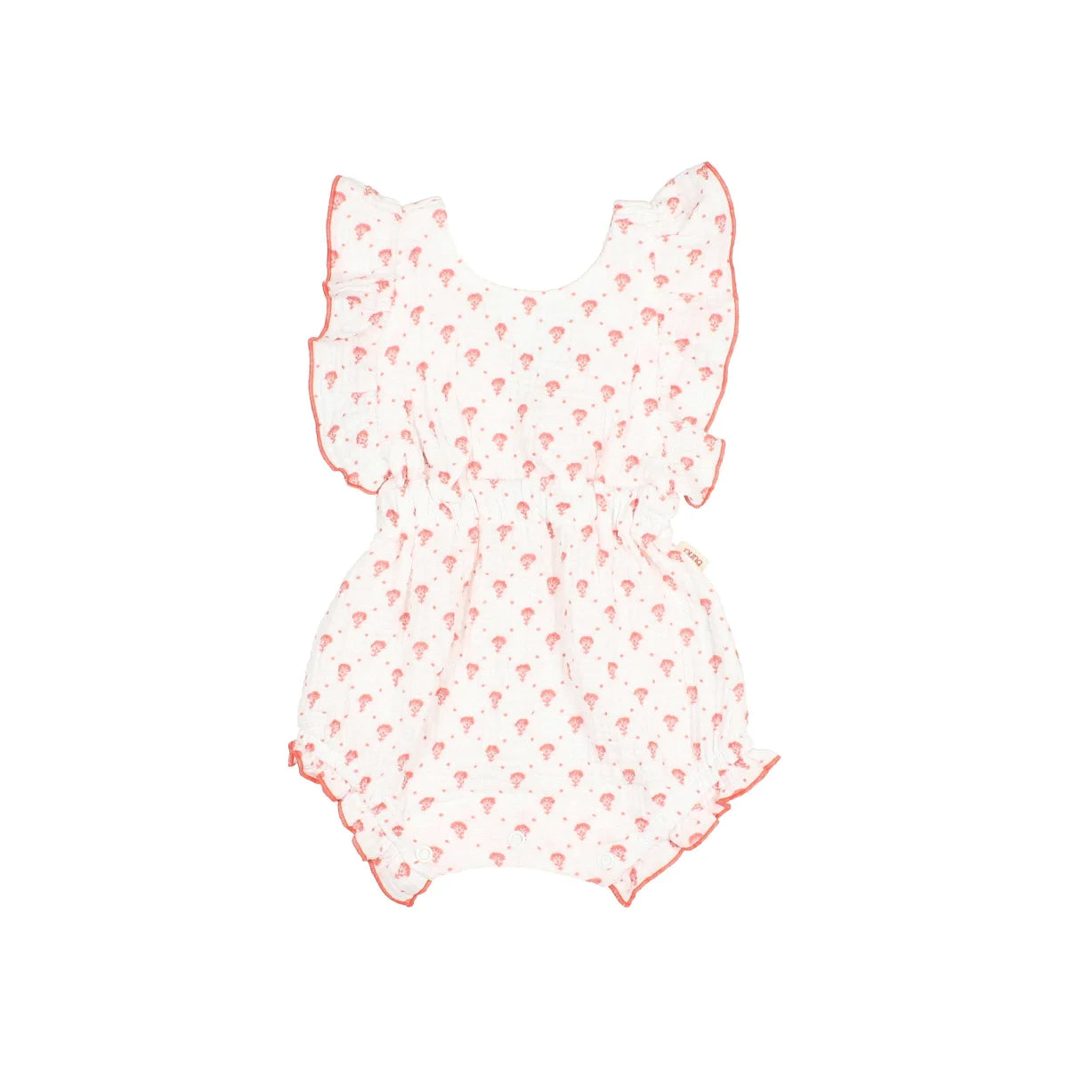 Bali Romper Coral: weißer Playsuit mit rosa Pilzen, nachhaltige Babykleidung