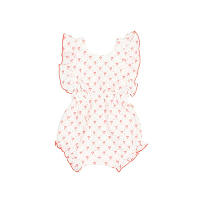 Bali Romper Coral: weißer Playsuit mit rosa Pilzen, nachhaltige Babykleidung