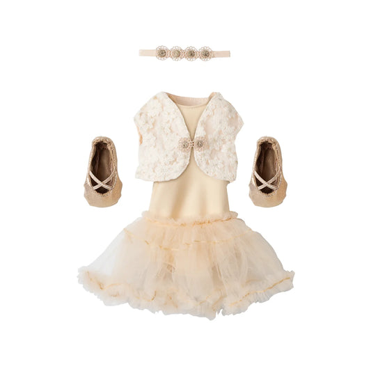 Creme Ballettanzug und Rock Gr. 3 mit Spitzenbolero und Perlen
