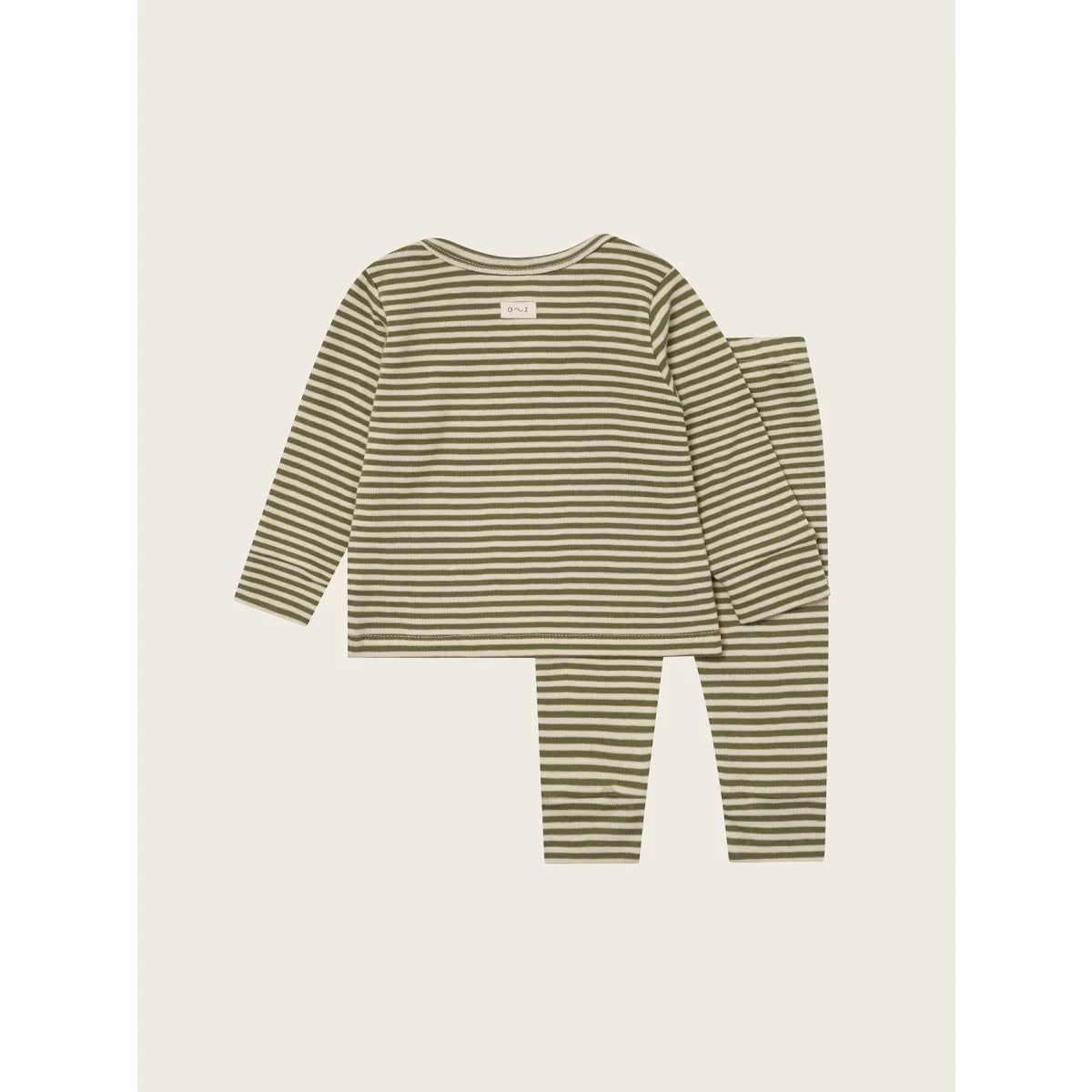 Olivgrünes und cremefarbenes gestreiftes Longsleeve- und Leggings-Set in Fern-Streifen