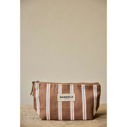 Beauty pouch stripes noisette braun weiße canvas makeup tasche mit beige etikett gabrielle paris nachhaltig geschenke für neugeborene