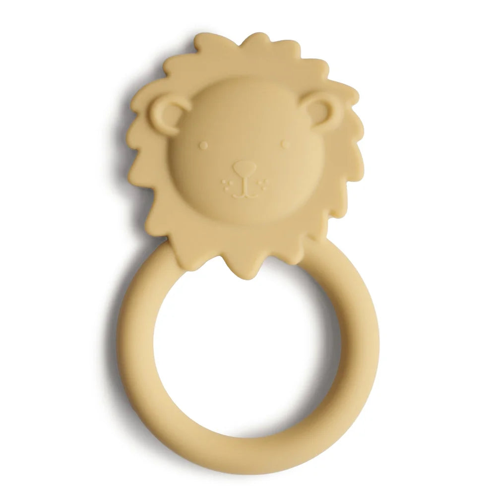 Teething ring in lion shape made of pale yellow silicone or rubber Beissring Löwe