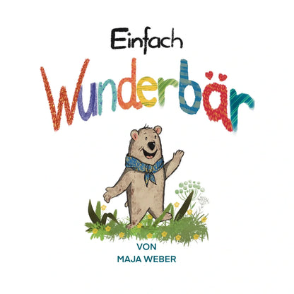 Ein fröhlicher Cartoon-Bär mit blauer Schal hebt eine Pfote im Bilderbuch