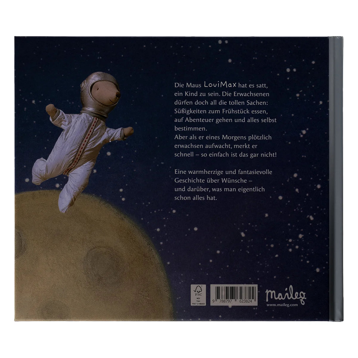 Ein plüsch-teddybär astronaut in einem weißen spacesuit mit goldenen akzenten schwimmt über dem mond bilderbuch louimax ökologische baby- & kinderprodukte