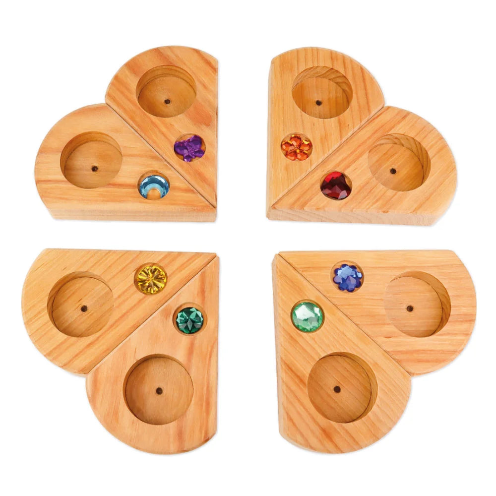 Holzherz-Puzzle mit Edelstein-Einlagen, natürlicher Holzoptik und bunten Steinen, 8 Stk