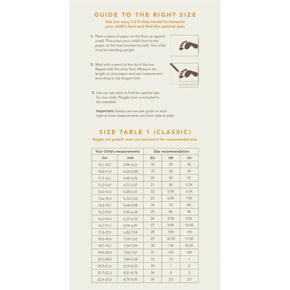Anleitung zum Messen der Kinderfüße und Schuhgrößentabelle für Scallop Boot Blackberries