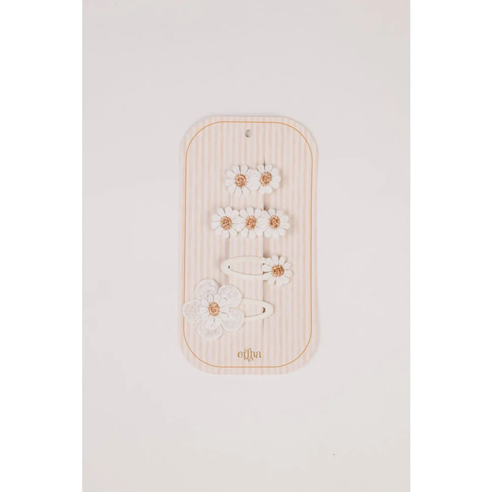 Weiße Blüten-Haarklammern-Set auf Holztablett mit Elle-Logo, Blossom Spring