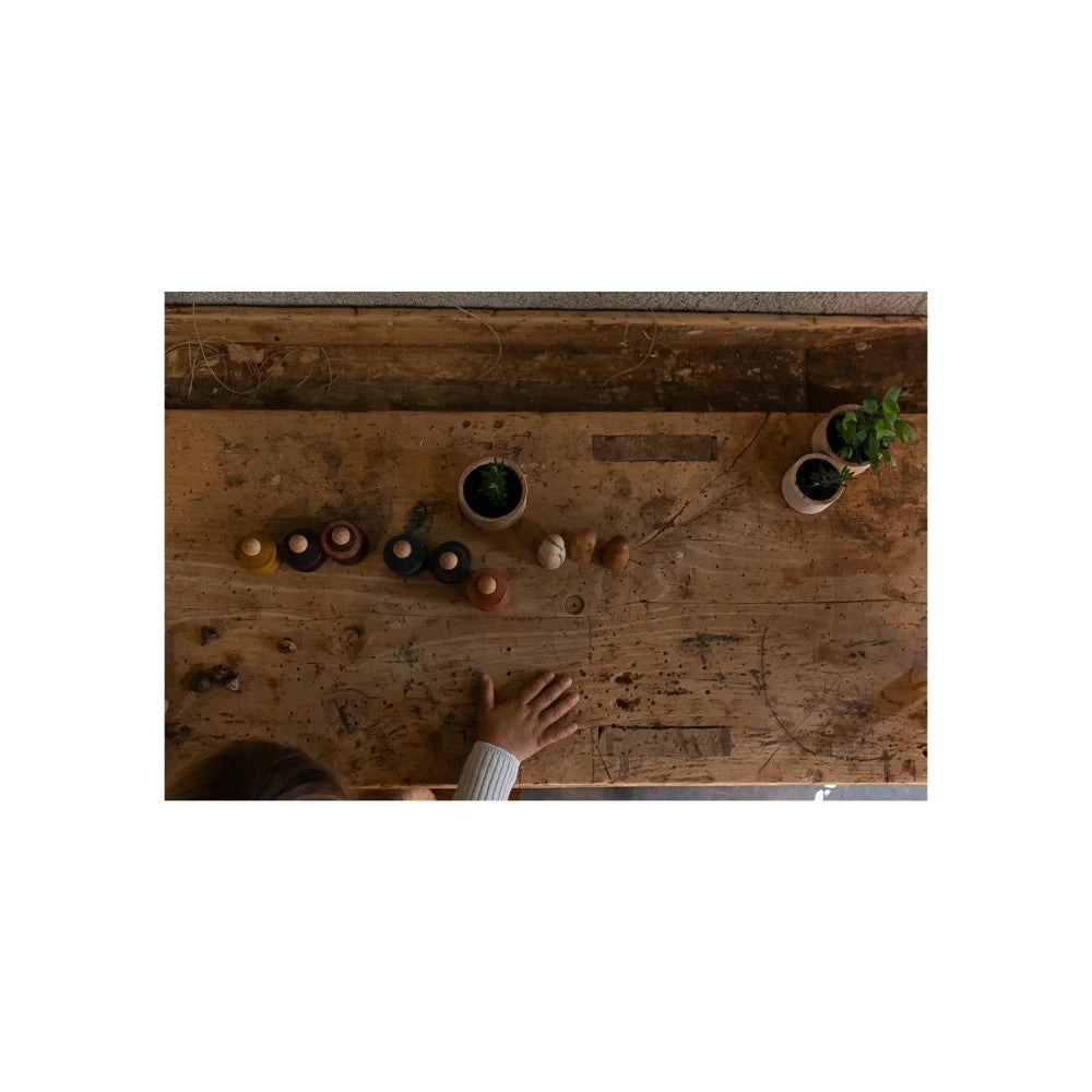 Holz Couchtisch mit kleinen Topfpflanzen und Deko aus Blue Little Things