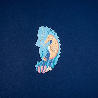 Bunt illustrierter Seepferdchen-Sticker in Pfirsich-Blau mit Fischen für Blue Puzzle