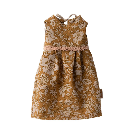Delikates blumenkleid größe 2 in senfgelb mit cremefarbenen blüten und spitzenbund für nachhaltige babykleidung schweiz