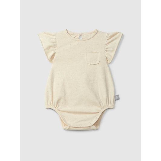 Creme Babybody mit Rüschenärmeln, floralem Print, Linen nachhaltige Babykleidung Schweiz