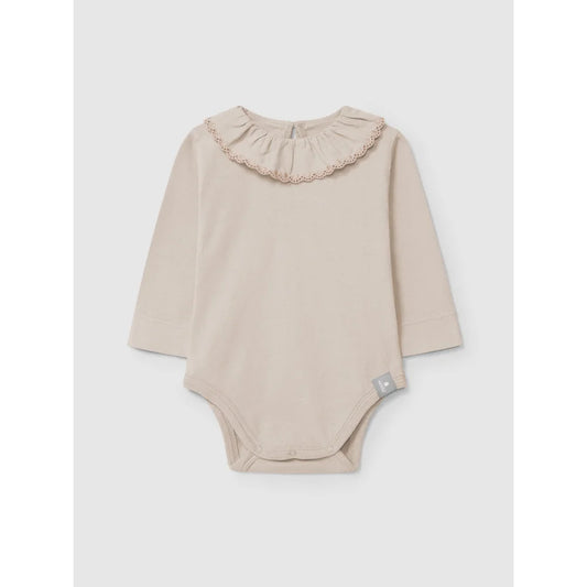 Beige Langarm-Babybodysuit mit geraffter, gezackter Stickerei-Kragen von Rosa