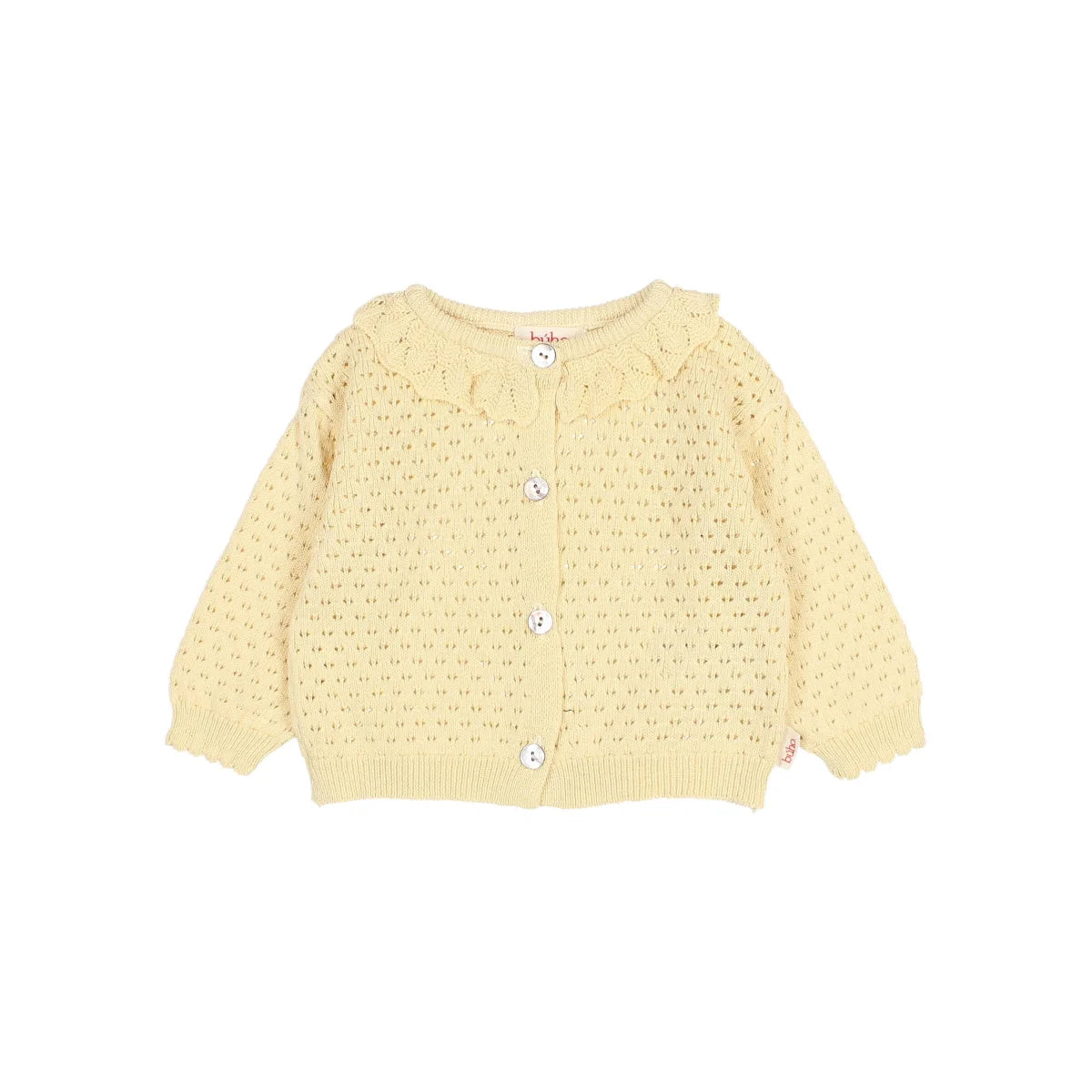 Boho Cardigan in Hellgelb mit Spitzenkragen, nachhaltige Babykleidung Schweiz