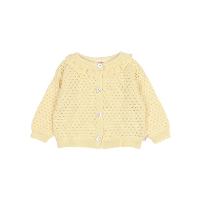 Boho Cardigan in Hellgelb mit Spitzenkragen, nachhaltige Babykleidung Schweiz
