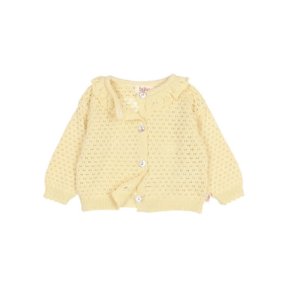 Boho Cardigan in zartem Gelb mit Spitzenmuster, nachhaltige Babykleidung Schweiz