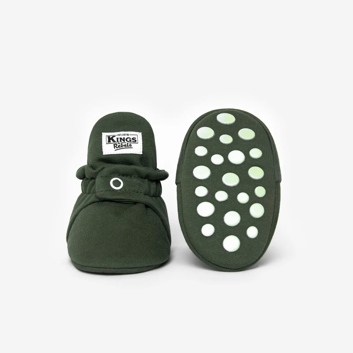 Dunkelgrüner Babybootie mit weiß gepunkteter Grip-Sohle für 12-24 Monate