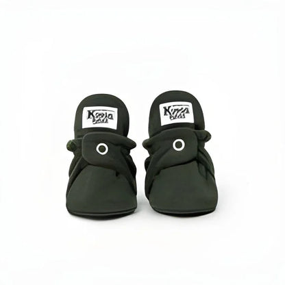 Dunkelgrüne Wildleder-Moccasinschuhe für Babys mit weißem Branding, Booties Fleece Original