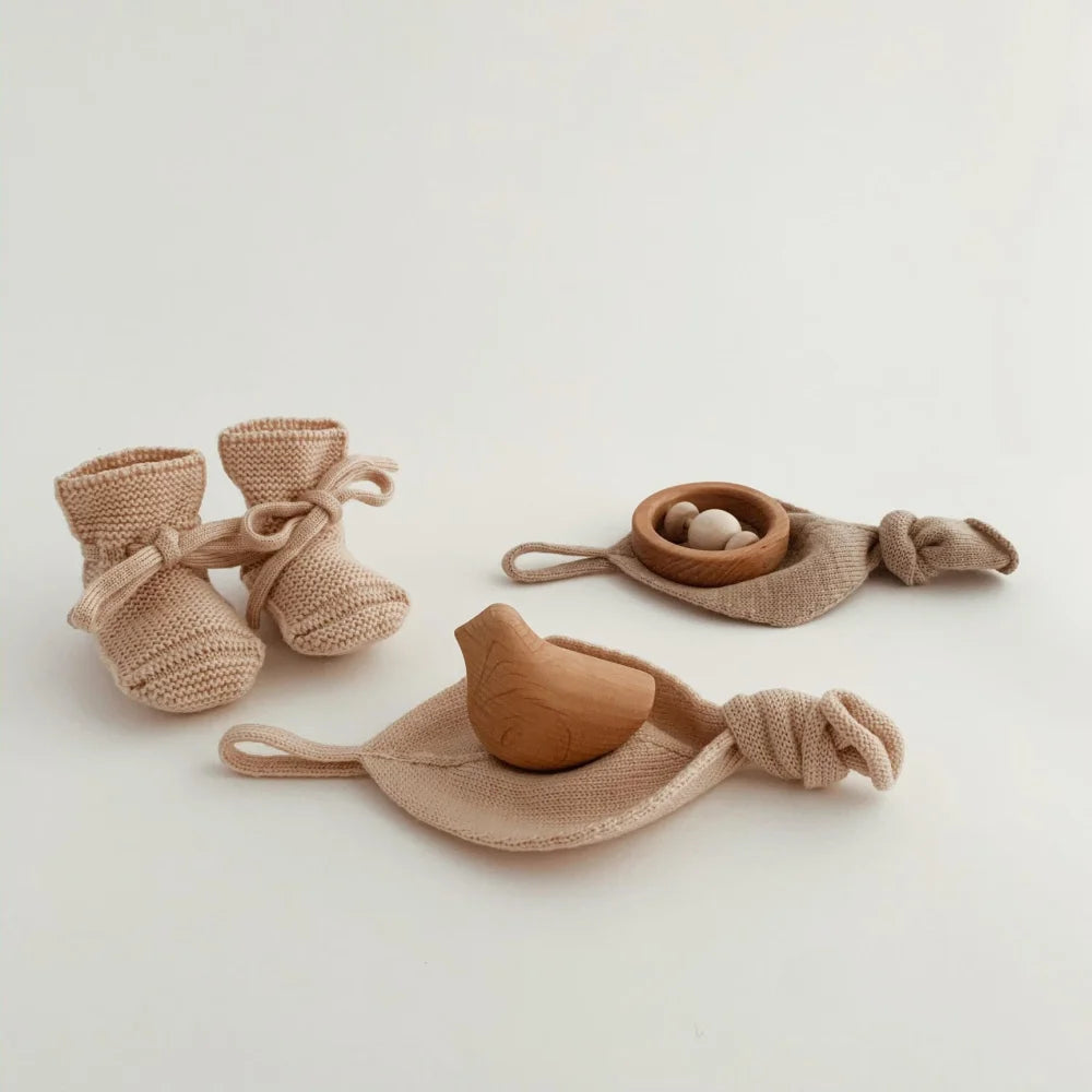 Set aus gestrickten Baby-Booties und Holzspielzeugvögeln in Stoffnestern