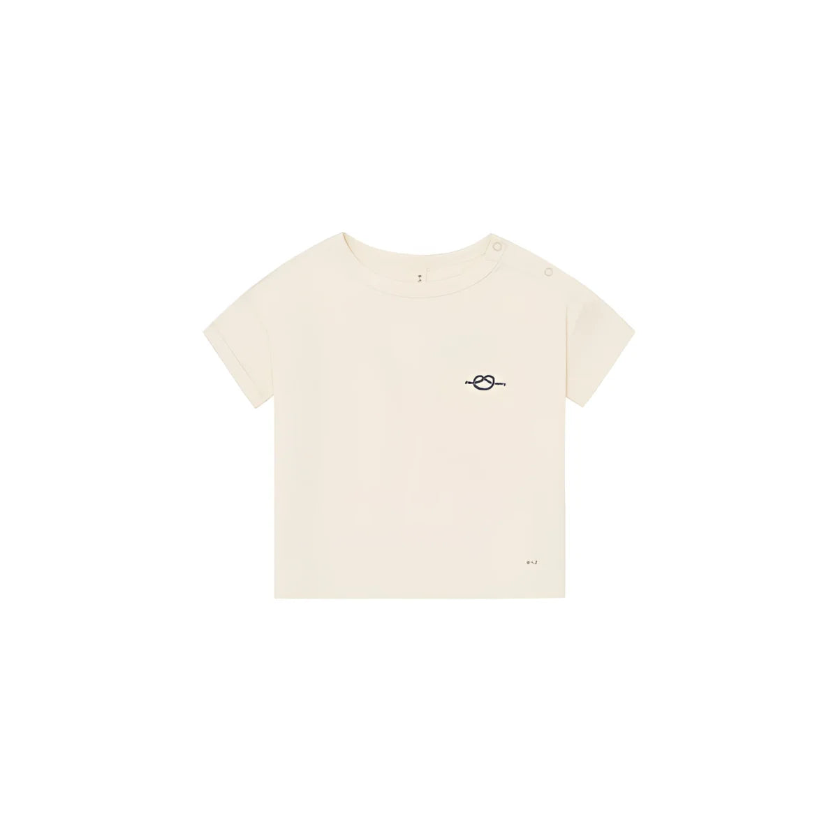 Cremefarbenes kurzärmeliges baby-t-shirt mit dezenter bestickter knotenapplikation auf der brust