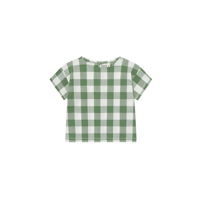 Boxy T-Shirt Dill Gingham: Vorne grün-weiß Karo kurzarm Rundhals