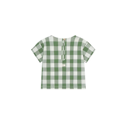 Boxy T-Shirt Dill Gingham: grün-weißer Karo-Top mit Rückschnittverschluss