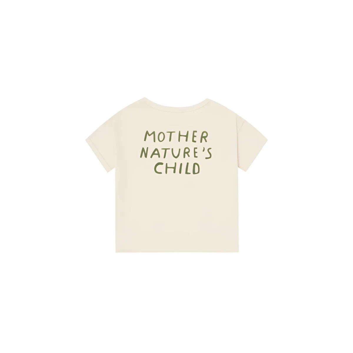Rückenansicht: Boxy T-Shirt Mother Natures Child in Creme mit grünem Schriftzug