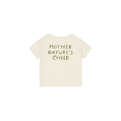 Rückenansicht: Boxy T-Shirt Mother Natures Child in Creme mit grünem Schriftzug